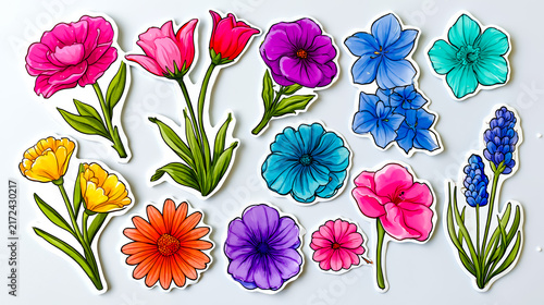 A collection of colorful flower stickers arranged on a white background