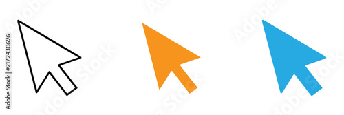 A set of three stylized computer mouse cursor arrow icons in black outline orange and blue colors