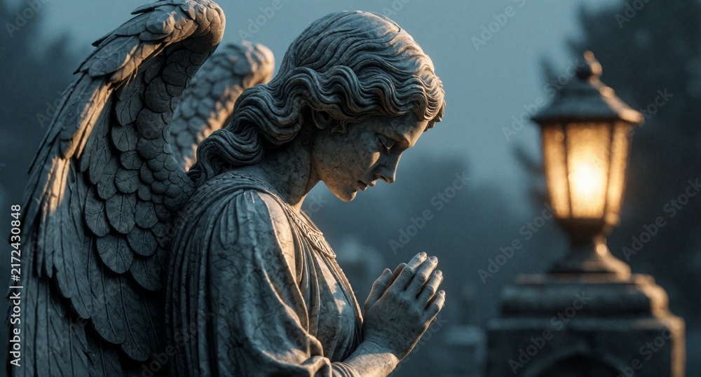 Naklejka premium Angel Statue Praying in Cemetery at Night with Glowing Lantern Light