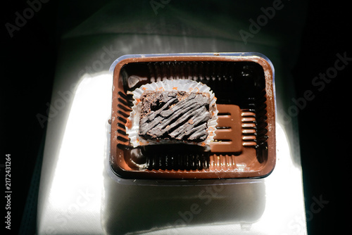 Close up of Chocolate Brownie in Plastic Food Container