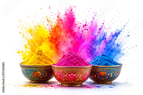 Vibrant Explosion of Bright Yellow Pink and Blue Powder Colors Spreading Upward from Three Decorative Ceramic Bowls Isolated on White Background