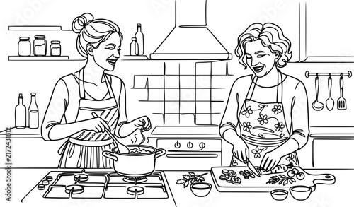 Women Cooking in Kitchen One Line Vector Illustration