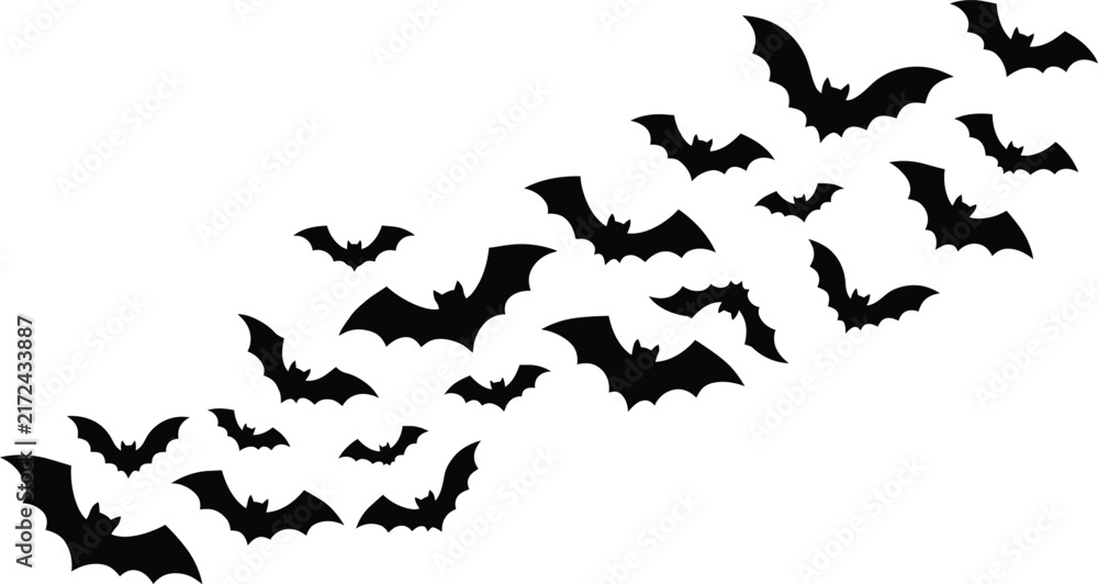 Fototapeta premium A flock of black bat silhouettes flying together in a diagonal halloween pattern