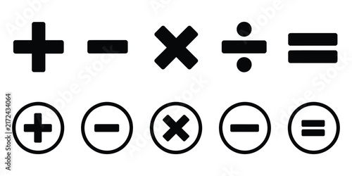 Foto Plus minus multiply divide and equal sign icon set featuring clean mathematical symbols for arithmetic education calculators learning and digital interface design