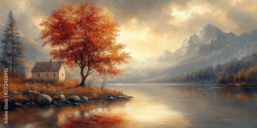 Autumn Nature Landscape. Old House and Autumn tree in shore of Mountain Lake, panoramic view,  oil painting