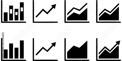 Set of black and white business graph icons representing financial growth and data analysis statistics