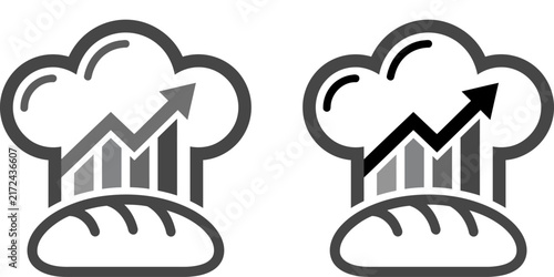 Two chef hat icons featuring rising bar charts symbolizing business growth in the restaurant and food industry