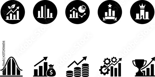 Set of ten business and financial growth icons featuring bar charts graphs and success symbols in black