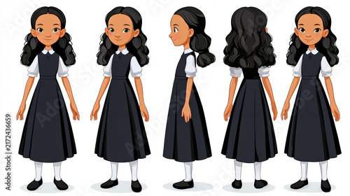 A sequence of four illustrations showing a character's outfit from different angles