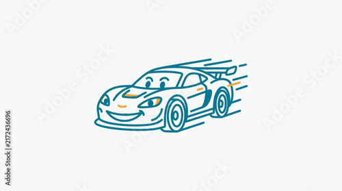 Canvastavla Minimalist hand-drawn cartoon race car character with anthropomorphic face and spoiler, speeding with blue motion lines, vector illustration on white background for kids' content