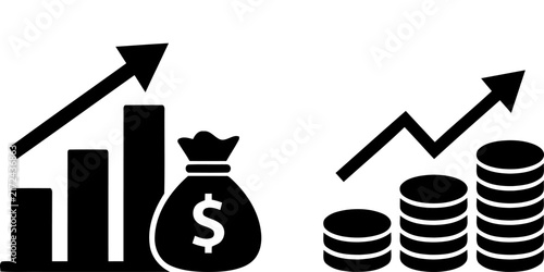 Black and white business icons showing financial growth with a money bag and stacks of coins with arrows