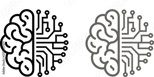 Two human brain icons with integrated circuit board patterns representing artificial intelligence and digital technology concepts