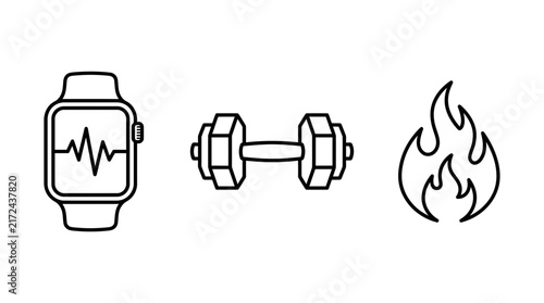 Smartwatch tracks heart rate alongside a dumbbell and fire symbol representing fitness training and calorie burning progress.