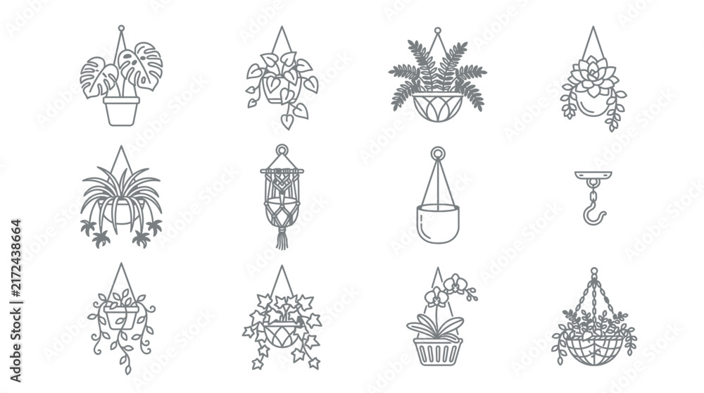 Fototapeta premium Collection of Hanging Potted Plants and Macrame Hangers, Isolated Icons