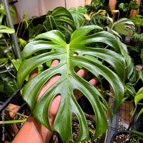 Close Up of Green Monstera Deliciosa Leaf in Indoor Tropical Garden