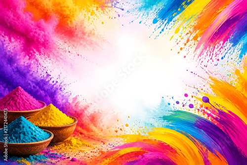 Colorful Holi Festival Greeting Background with Bowls of Gulal Powder Splashes of Vibrant Paint and Dynamic Swirling Strokes Surrounding Central Copy Space