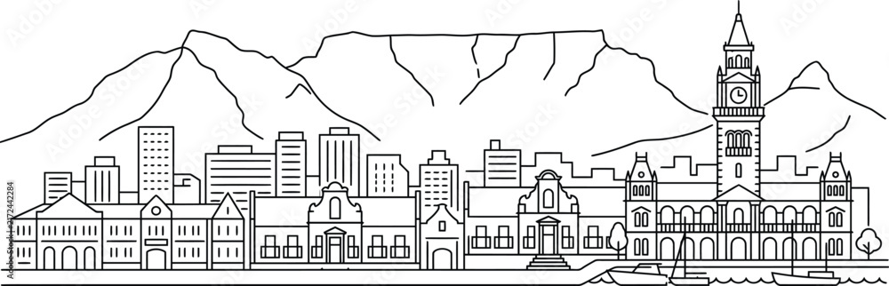 Fototapeta premium Historic hillside city skyline vector line art featuring a tall clock tower domed buildings and distant mountain peaks
