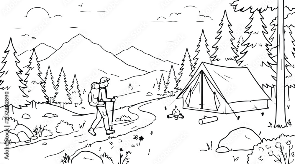 Obraz premium A black and white line art illustration of a hiker walking through a scenic mountain forest campsite