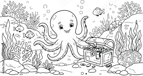 Photography Cute cartoon octopus exploring an open treasure chest on the sandy ocean floor f