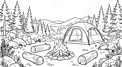 Black and white line art illustration of a peaceful camping scene with a tent and campfire in nature