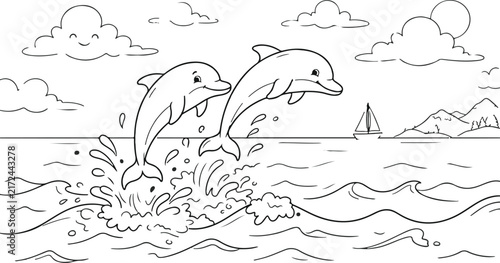 Photography A black and white coloring page featuring two happy dolphins jumping out of the