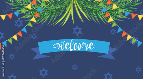 Sukkot Invitation with Flags and Palm Branches
