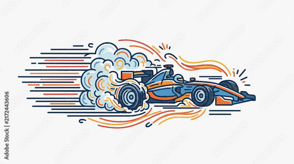 Fototapeta premium Blue and orange Formula 1 racing car vector illustration featuring dynamic tire smoke, horizontal motion lines, and minimalist line art, isolated on a white background.