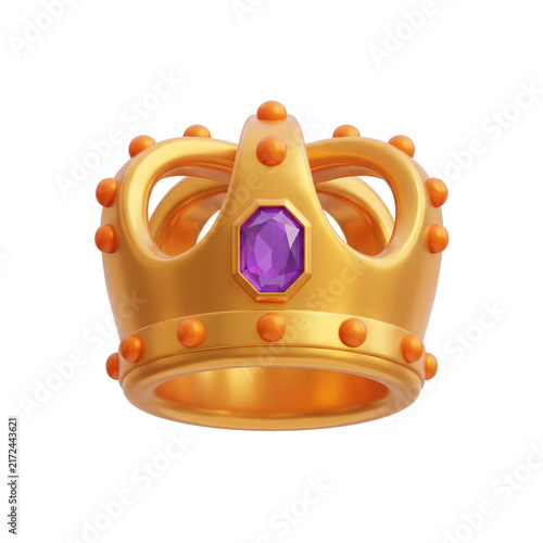 Elegant golden royal crown with purple gemstone 3d render illustration for king queen royalty reward victory empire game ui asset