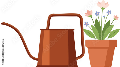 Watering can with potted blooming flowers in flowerpot vector illustration