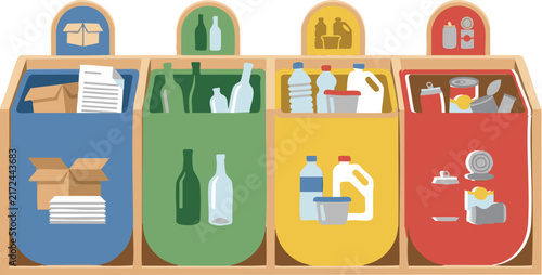 Recycling waste separation bins with paper glass plastic and metal containers vector illustration
