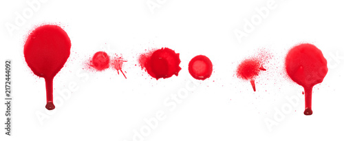 Set red spray stain on glass, transparency effect, spot isolated on white background, clipping path, design element