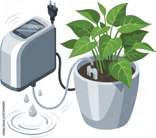 Automatic smart plant watering device connected to potted houseplant vector illustration