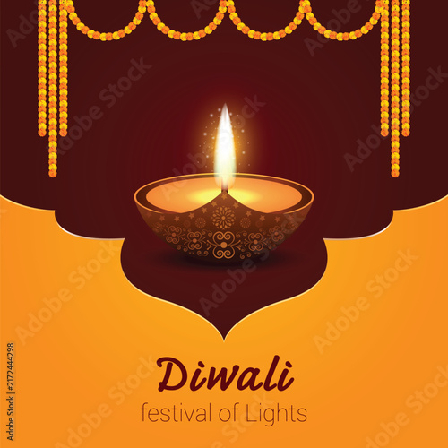 Diwali Festival Diya Lamp with Marigold Garlands Illustration