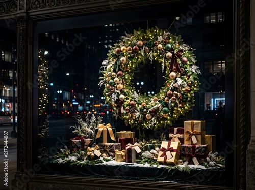 Large christmas wreath and wrapped gifts displayed in a storefront window at night with holiday decoration christmas lights gift boxes window shopping christmas season winter holidays gold gifts