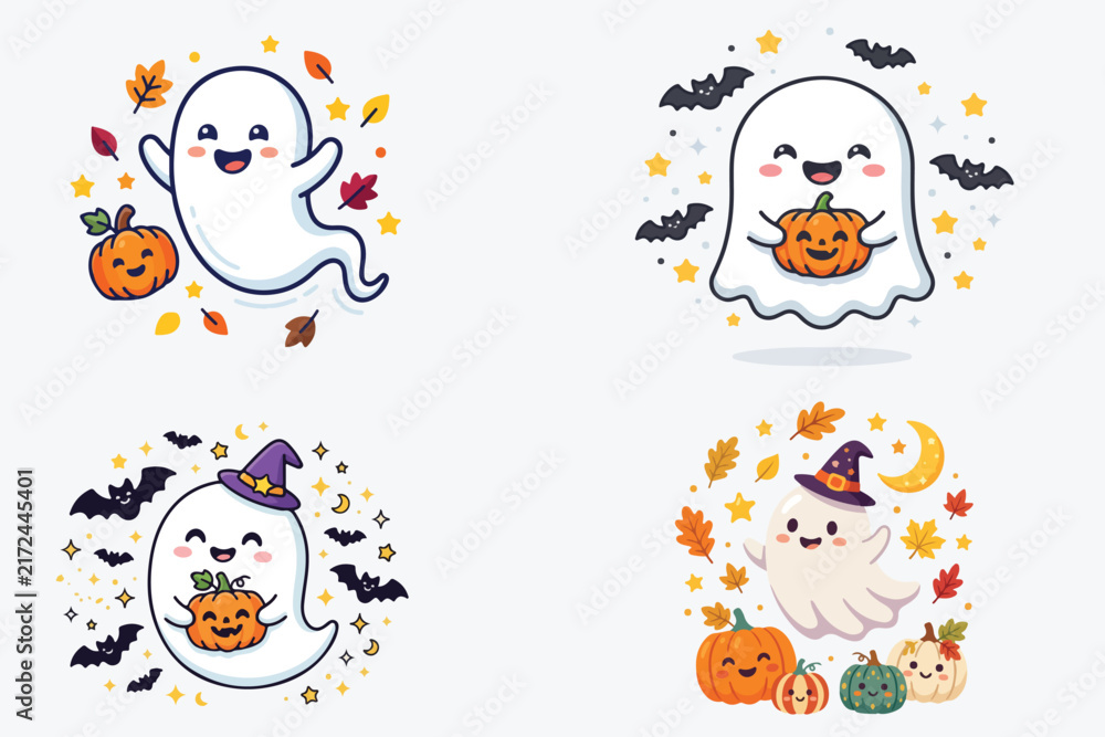 Fototapeta premium Cute Halloween Ghost and Pumpkin Vector Set, Spooky Kawaii Character Clipart Bundle for Seasonal Design