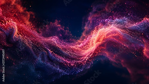 Abstract red and purple wave background with glowing particle dust effect