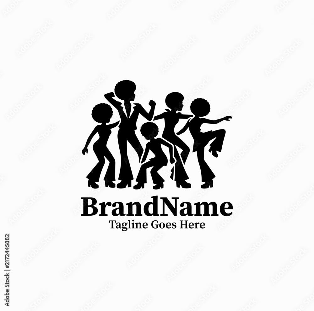 Obraz premium Black image vector logo silhouette of retro groovy characters dancing at festival on white background