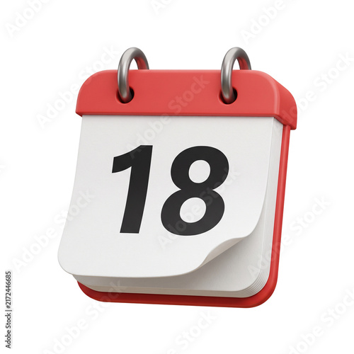 Desktop calendar flip page showing date 18 illustration 3d render for schedule event planning appointment reminder time game ui asset
