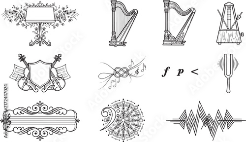 Set of musical instruments and symbols including harps, metronome, violin shield, treble clef, and sound wave patterns in line