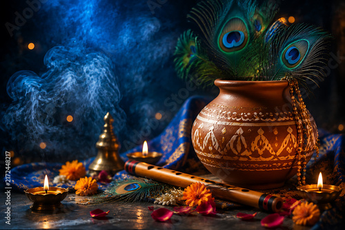 Atmospheric Janmashtami Festival Still Life with Terracotta Matka Pot Peacock Feathers Bamboo Flute Glowing Oil Lamps and Fresh Petals setup on Dark Background