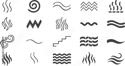Set of steam, aroma, and wave icon silhouettes