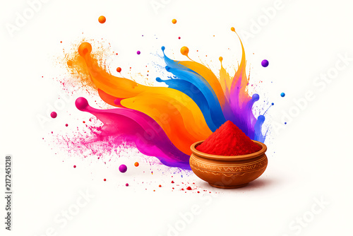 Artistic Abstract Holi Festival Illustration Featuring Bowl of Red Gulal Powder with Dynamic Multi Color Paint Splash Swirl Dynamic Isolated on White Background
