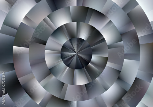 Silver faceted concentric circles. Metallic geometric bg
