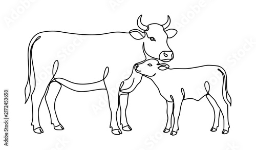 Mother Cow with Calf Single Continuous Line Vector