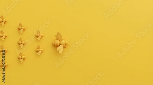 A bees on yellow background visualization showing a leadership concept with 3D render bees on a yellow background with horizontal composition and copy space for community and leadership concepts 3D