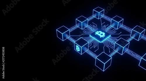 A bitcoin blockchain visualization showing bitcoin blockchain and crypto currency encryption with digital payment and money exchange in blue neon light on a black background in 3D render for robot