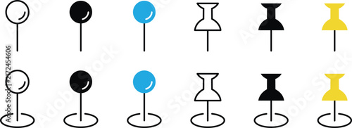 Pushpin and map pin icons set for location marking and navigation. Collection of round pin and thumbtack symbols in line, filled, blue, and yellow styles. Vector illustration.