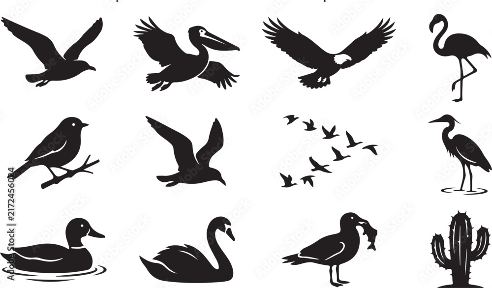 Fototapeta premium Set of black bird silhouettes featuring various species in flight, perched, and swimming, along with a cactus on white background