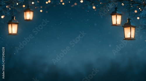 Night scene with hanging lanterns and falling snow