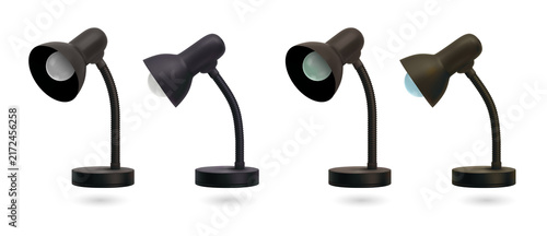 Fotografía Four identical desk lamps with different colored bulbs transparent background